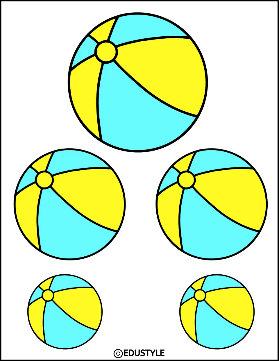 Five turquoise and yellow beach ball decor pieces in three sizes for a summer bulletin board or door