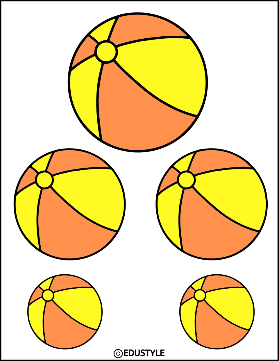 Five orange and yellow beach ball decor pieces in three sizes for a summer bulletin board or door