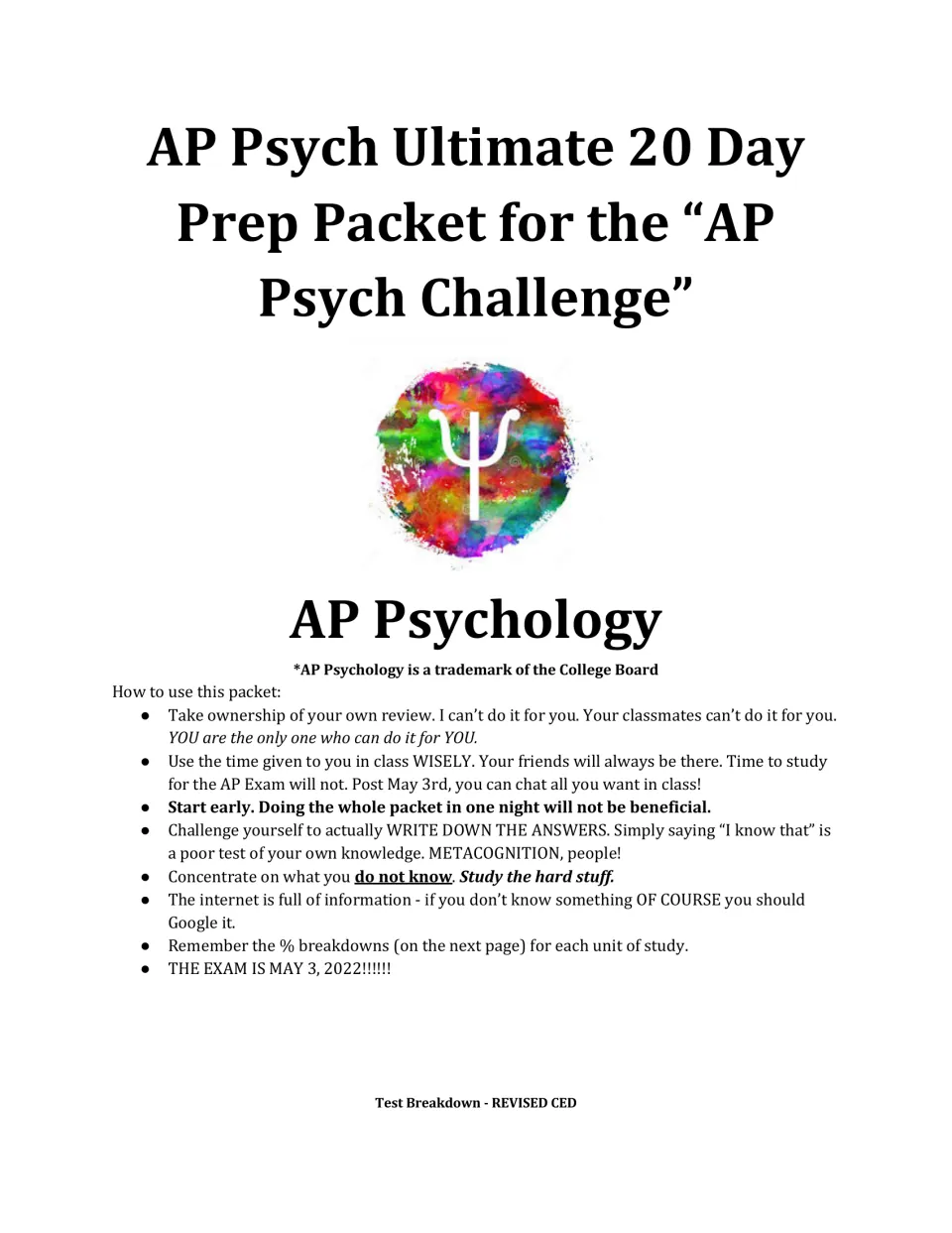 AP Psychology review packet cover introduces the 20-day challenge and directions for independent exam review.