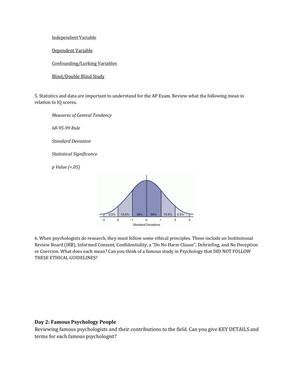 Day 1 review continues with variables, IQ statistics, a normal curve, and research ethics before introducing Day 2.