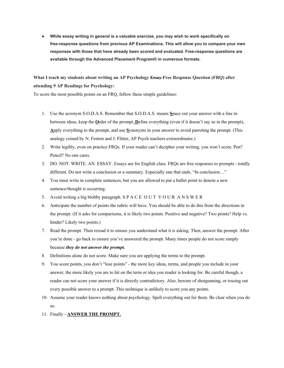 Scoring tips for FRQs: 11 numbered guidelines led by the S.O.D.A.S. acronym (space, order, define, apply, synonyms)