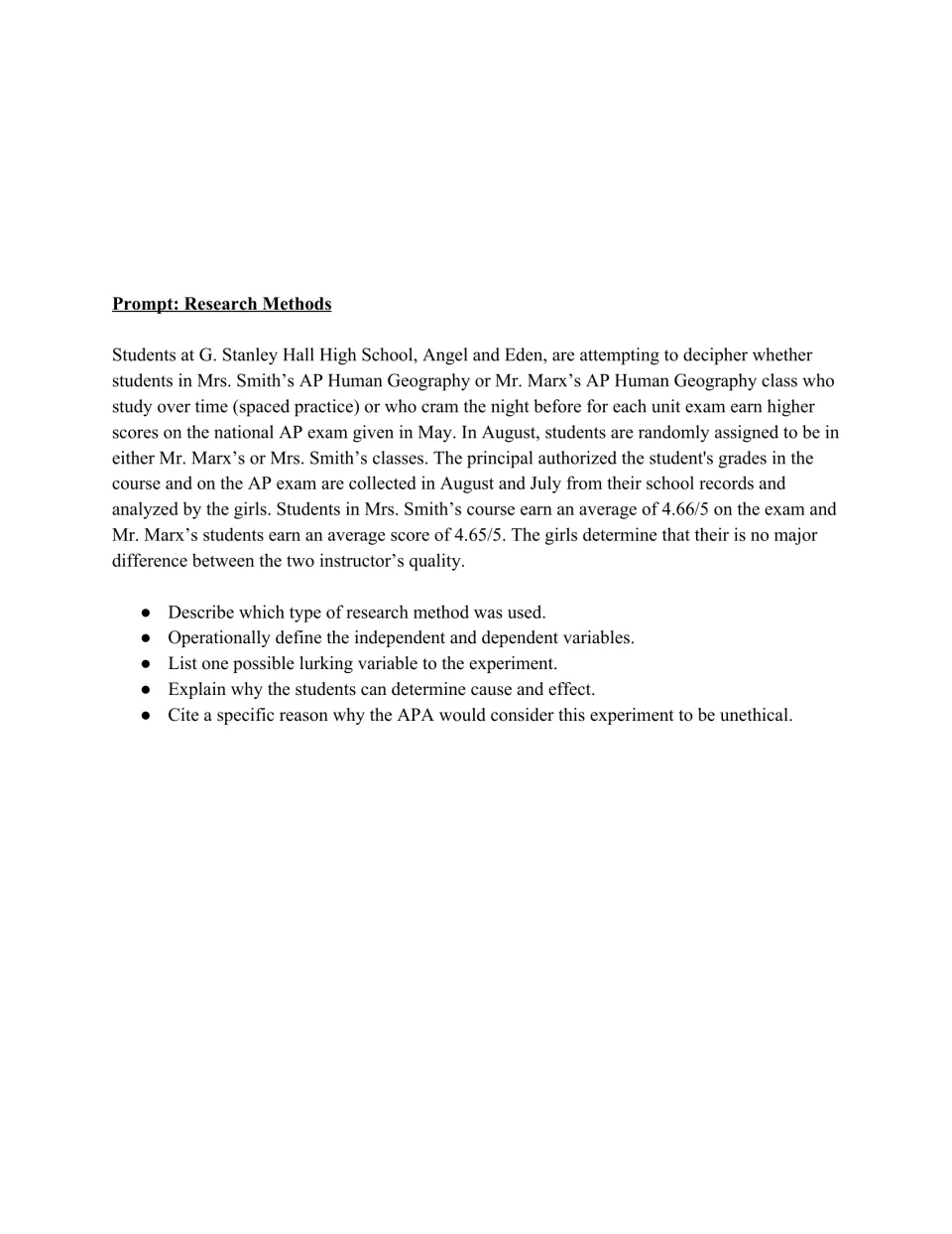Research Methods prompt: students analyze a spaced-practice vs cramming study, naming IV, DV, lurking variable and ethics