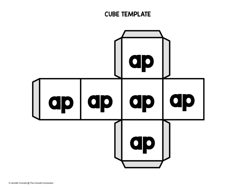 Word family cube template: a fold-up die with "ap" on all six faces, paired with a letter die to build -ap CVC words