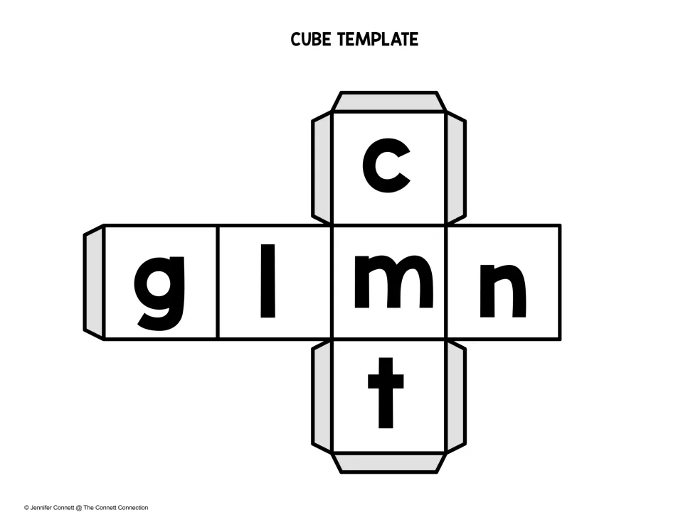 Beginning sound cube template: a fold-up die showing the letters c, g, l, m, n and t to roll and blend with the -ap ending