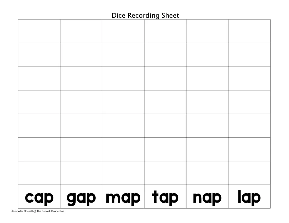 Dice Recording Sheet: students write each -ap word they roll in its column, cap, gap, map, tap, nap or lap