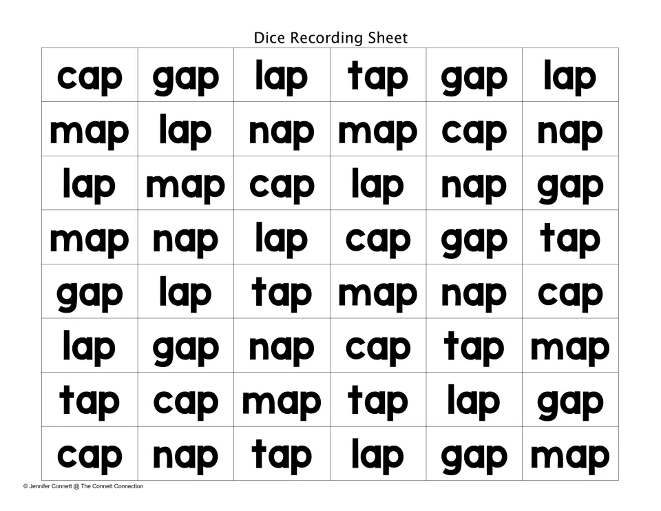 Dice Recording Sheet with 48 mixed -ap words (cap, gap, lap, tap, map, nap) for students to read and mark as they roll