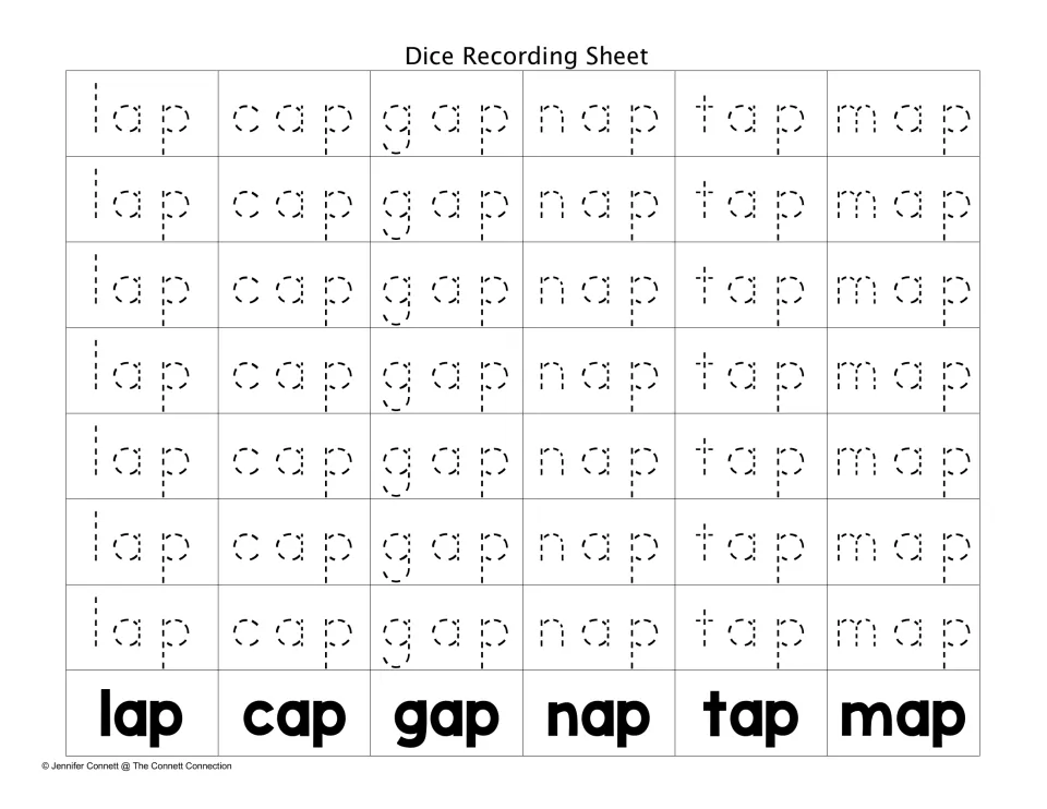 Tracing version of the recording sheet: students trace dotted lap, cap, gap, nap, tap or map to record each roll