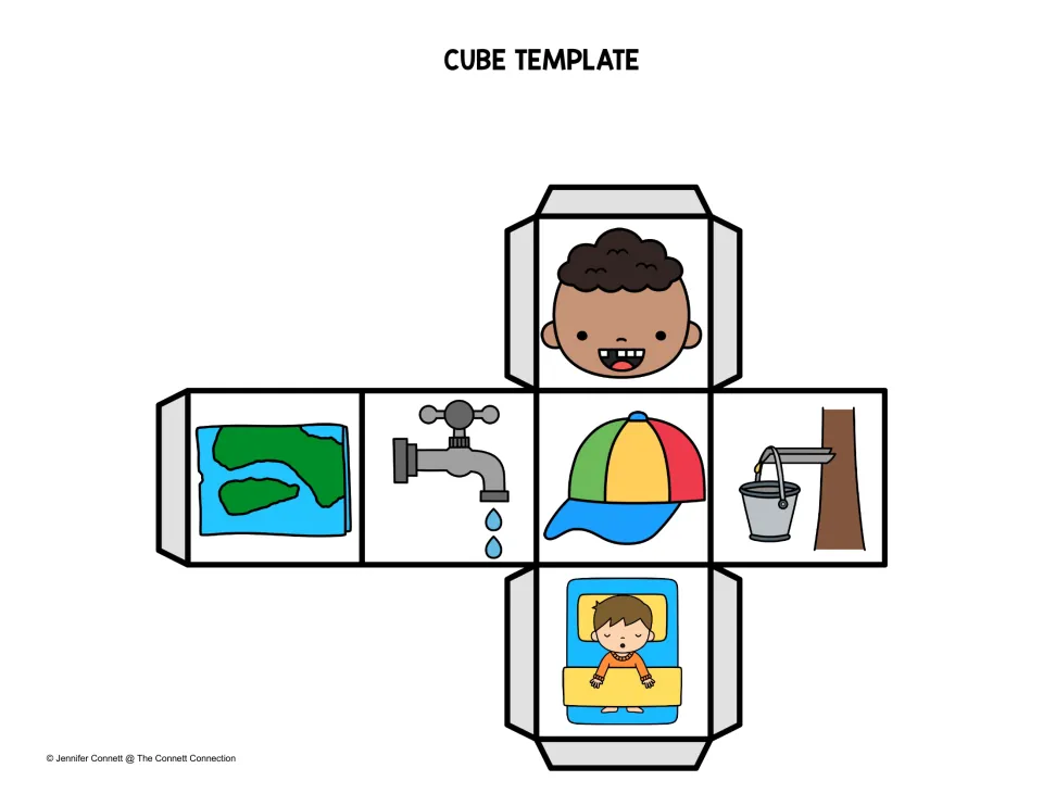Color picture cube template: gap tooth, map, dripping tap, cap, sap dripping into a bucket and a sleeping child for nap