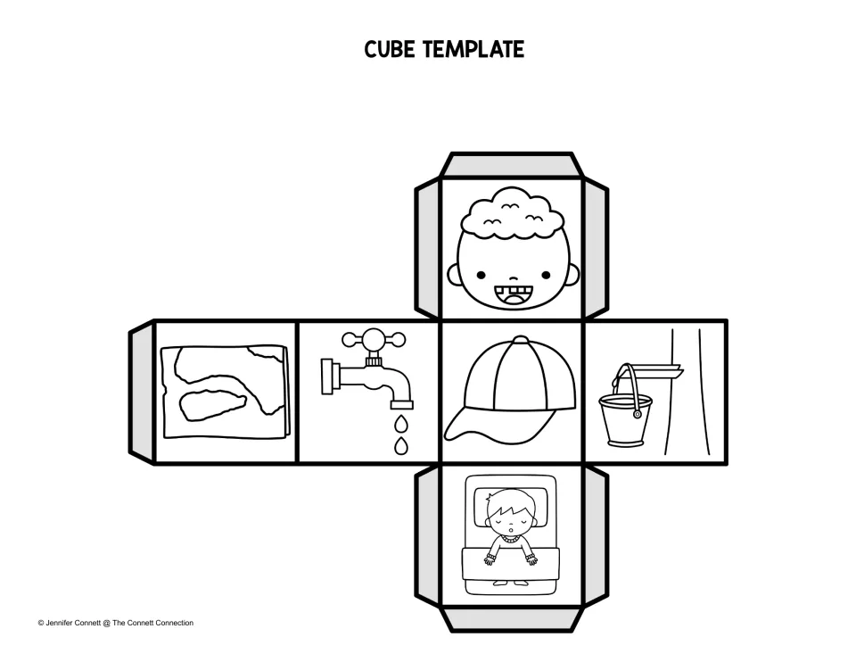 Black-and-white picture cube showing the same six images: gap tooth, map, tap, cap, sap bucket and sleeping child for nap