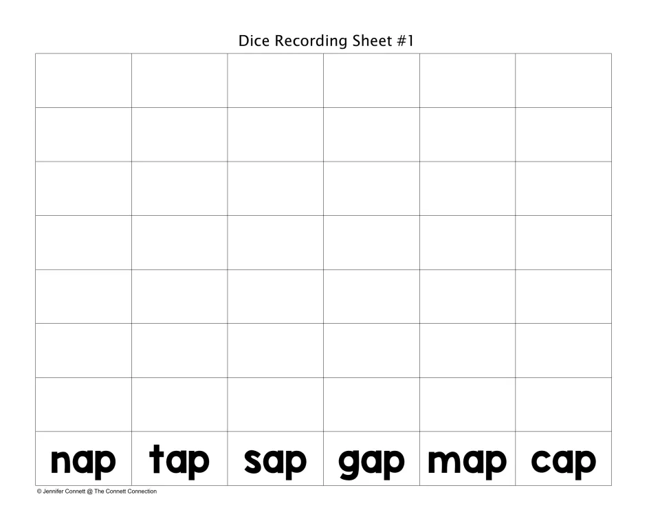 Dice Recording Sheet #1: students roll the picture die and record each word under nap, tap, sap, gap, map or cap