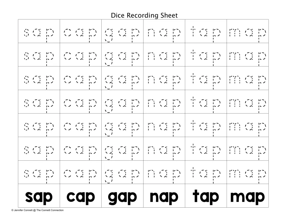 Trace-the-word sheet: students trace dotted sap, cap, gap, nap, tap or map in the column matching each roll