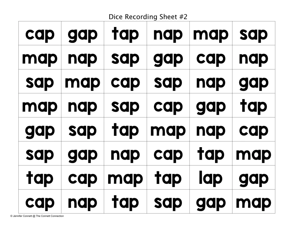 Dice Recording Sheet #2 with 48 mixed -ap words, now including sap, for students to find and mark the word on each roll