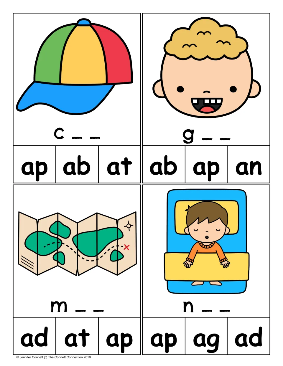 Rime-choice clip cards for cap, gap, map, and nap, with picture clues, starting letters, and ending choices