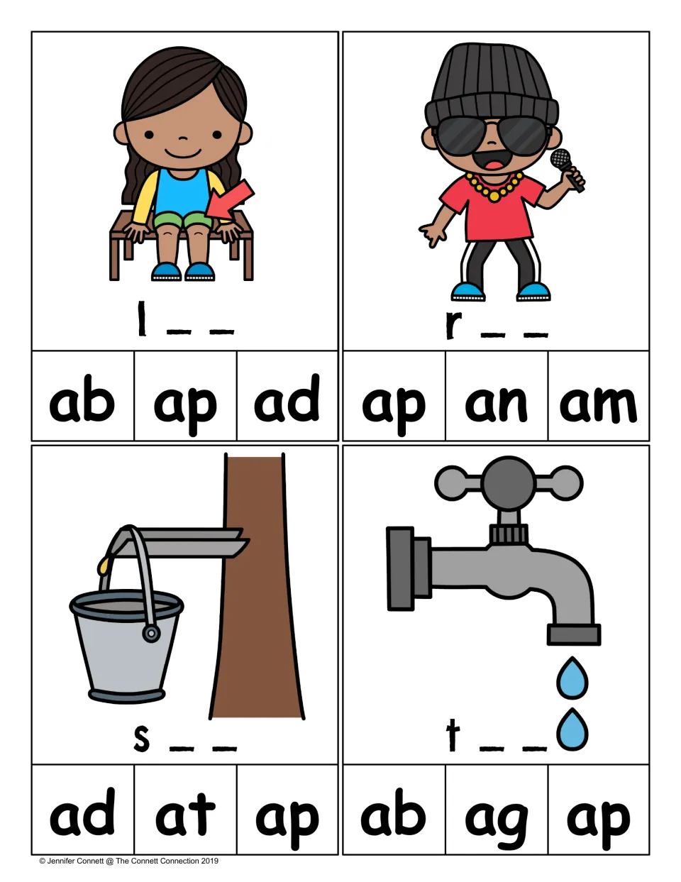 Rime-choice clip cards for lap, rap, sap, and tap, with picture clues, starting letters, and ending choices