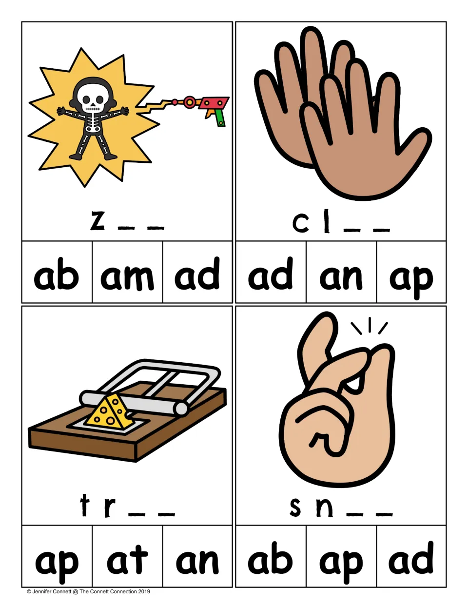 Rime-choice clip cards for zap, clap, trap, and snap, with pictures and single-letter or blended starts