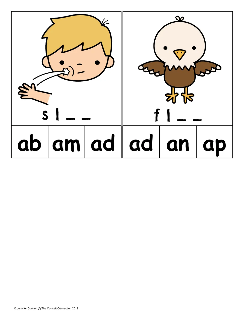 Rime-choice clip cards for slap and flap, with sl and fl starts and three ending choices for each picture