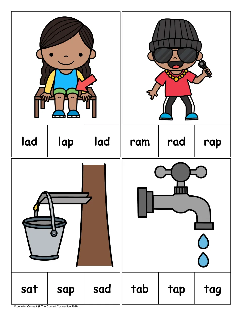 Final-letter clip cards for lap, rap, sap, and tap; students choose from three words beneath each picture