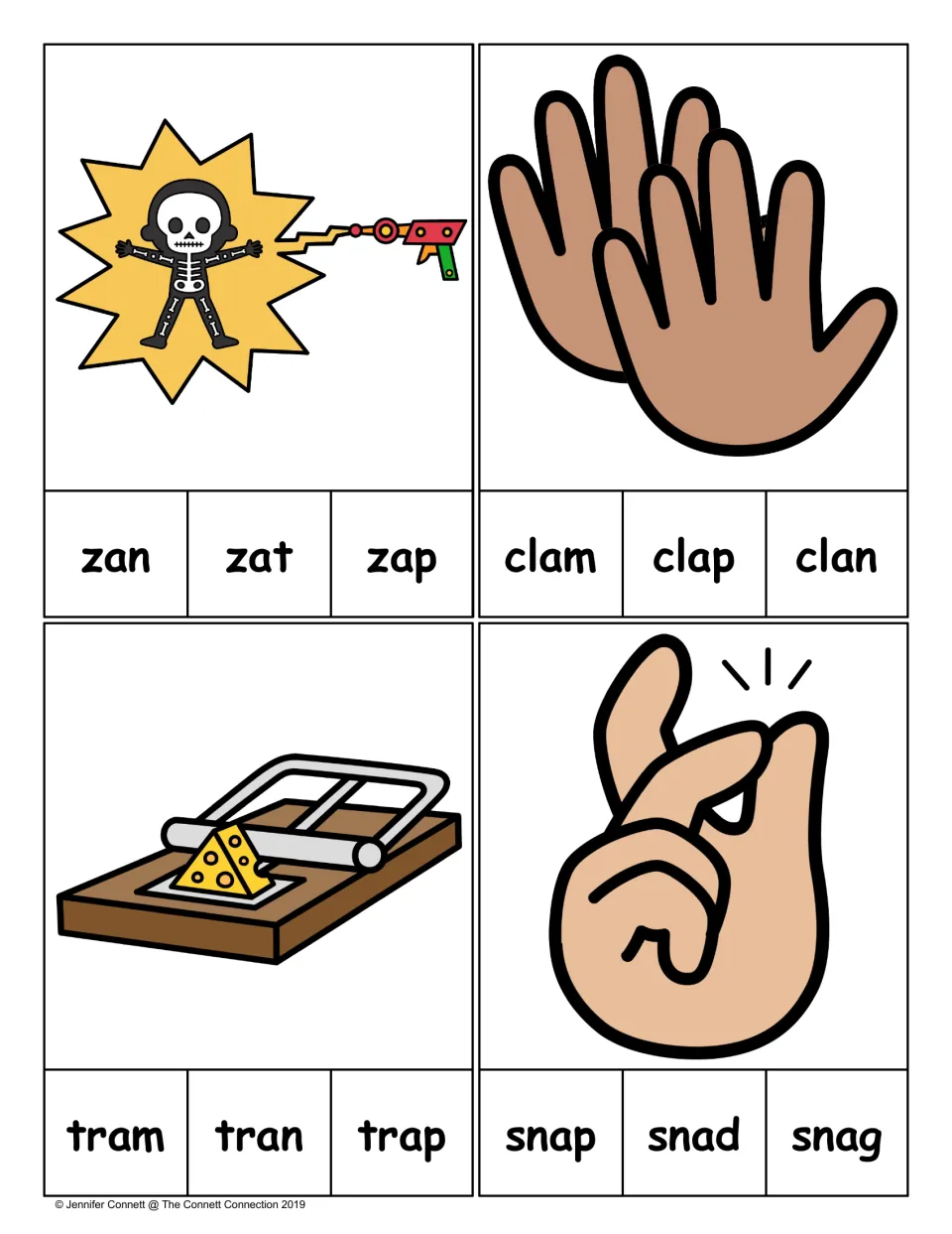Final-letter clip cards for zap, clap, trap, and snap, with three word choices for each matching picture