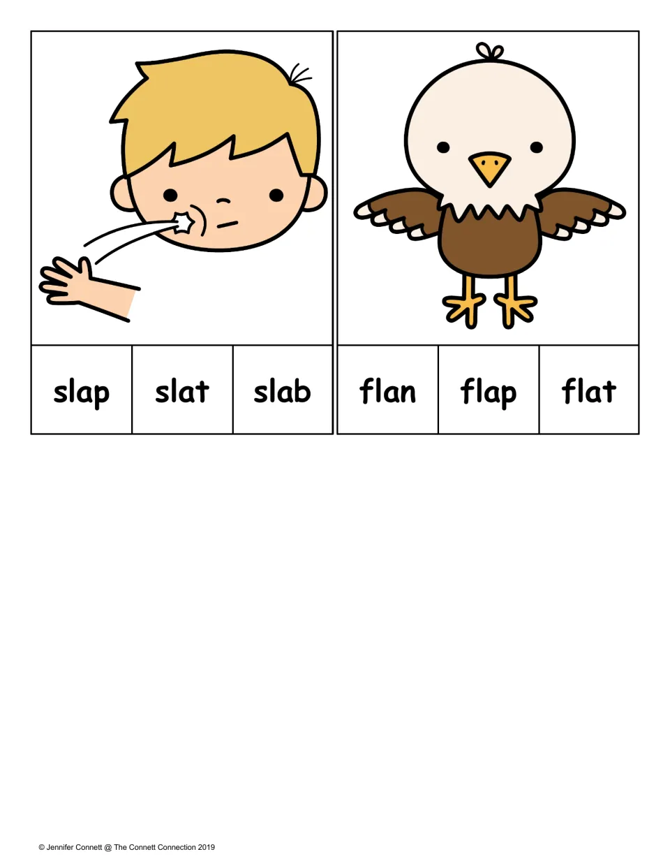 Final-letter clip cards for slap and flap, with picture clues and choices slap/slat/slab and flan/flap/flat