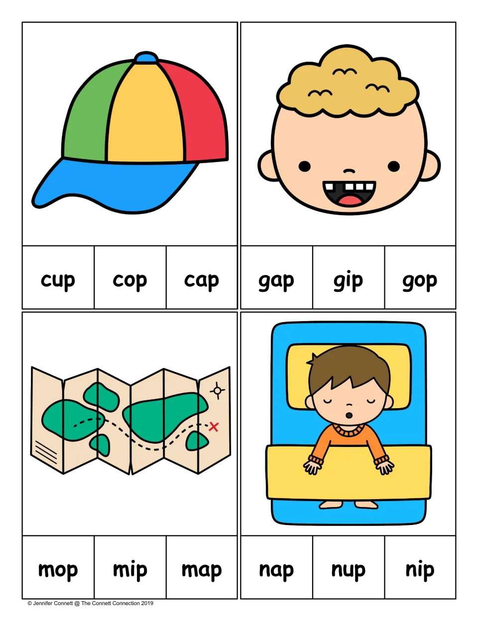 Vowel-choice clip cards for cap, gap, map, and nap, with three spellings beneath each matching picture