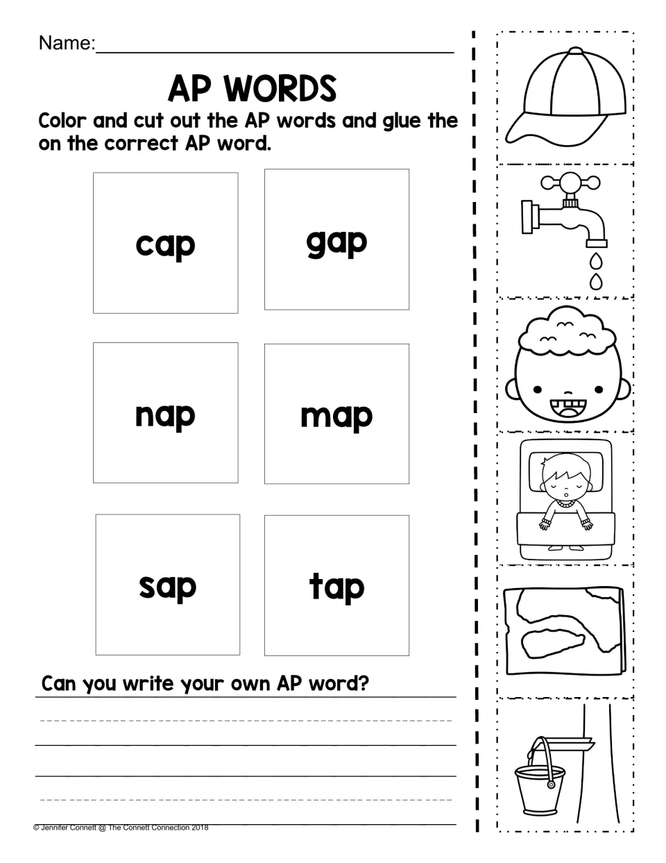 AP picture-to-word matching practice for cap, gap, nap, map, sap, and tap, plus a prompt to write an AP word