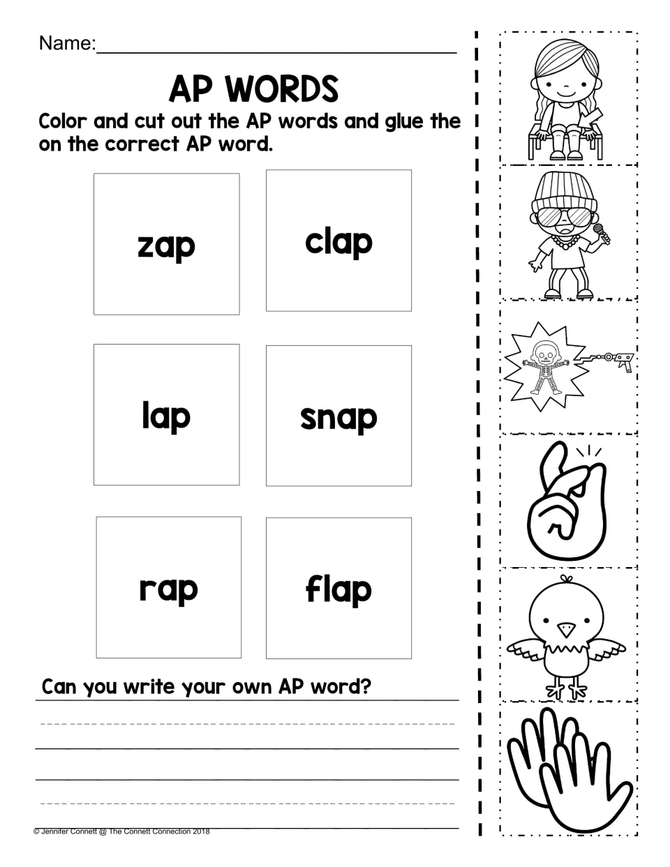 AP picture-to-word matching for zap, clap, lap, snap, rap, and flap, plus a prompt to write an AP word
