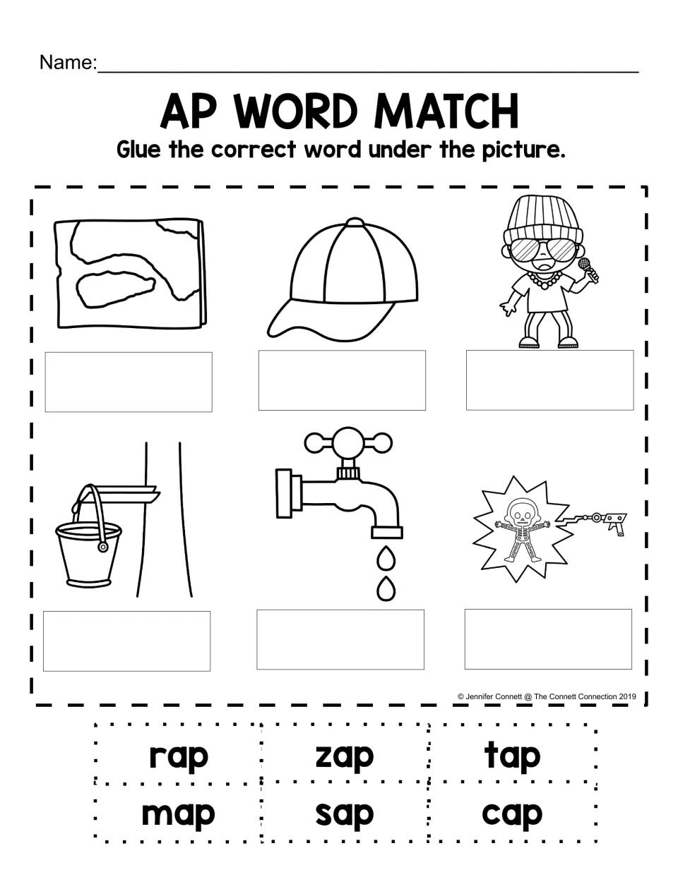 AP word-to-picture matching practice using six cut-out words: rap, zap, tap, map, sap, and cap