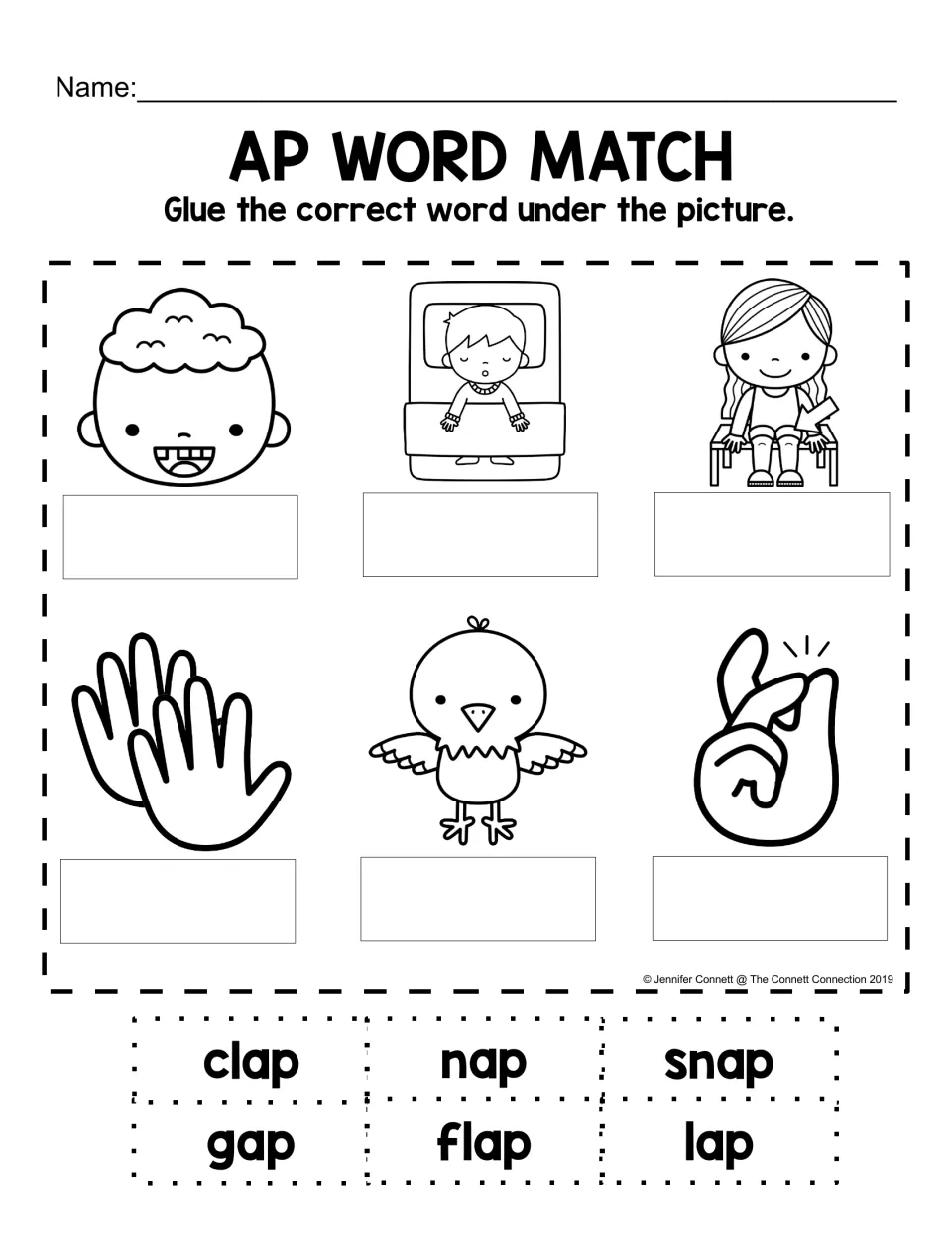 AP word-to-picture matching practice using six cut-out words: clap, nap, snap, gap, flap, and lap