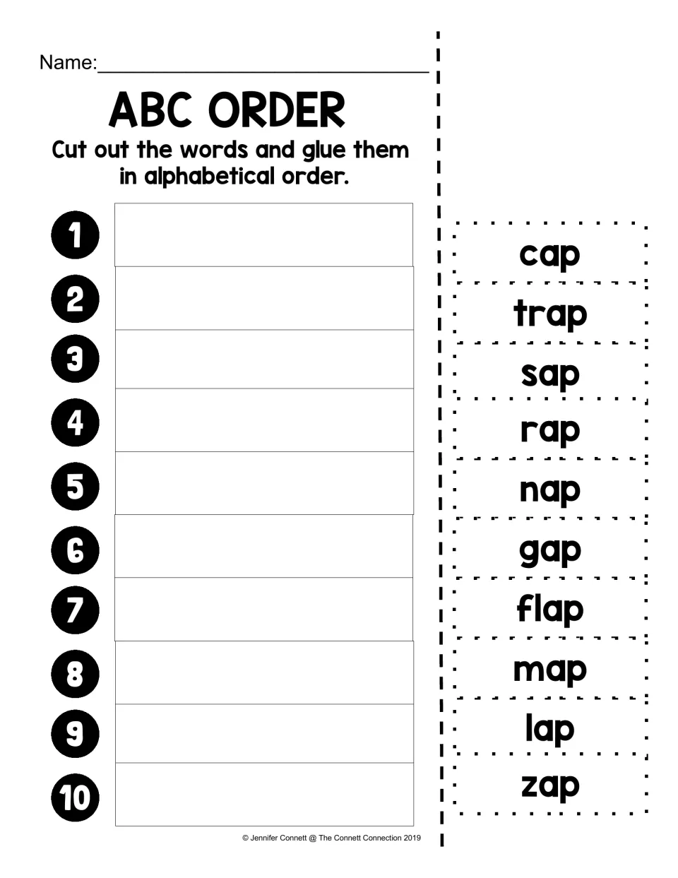 AP alphabetical-order activity: cut and paste cap, trap, sap, rap, nap, gap, flap, map, lap, and zap
