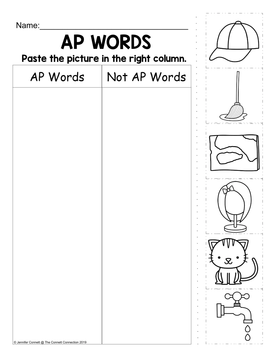 AP picture-sorting activity: sort cap, mop, map, wig, cat, and tap pictures as AP words or not AP words