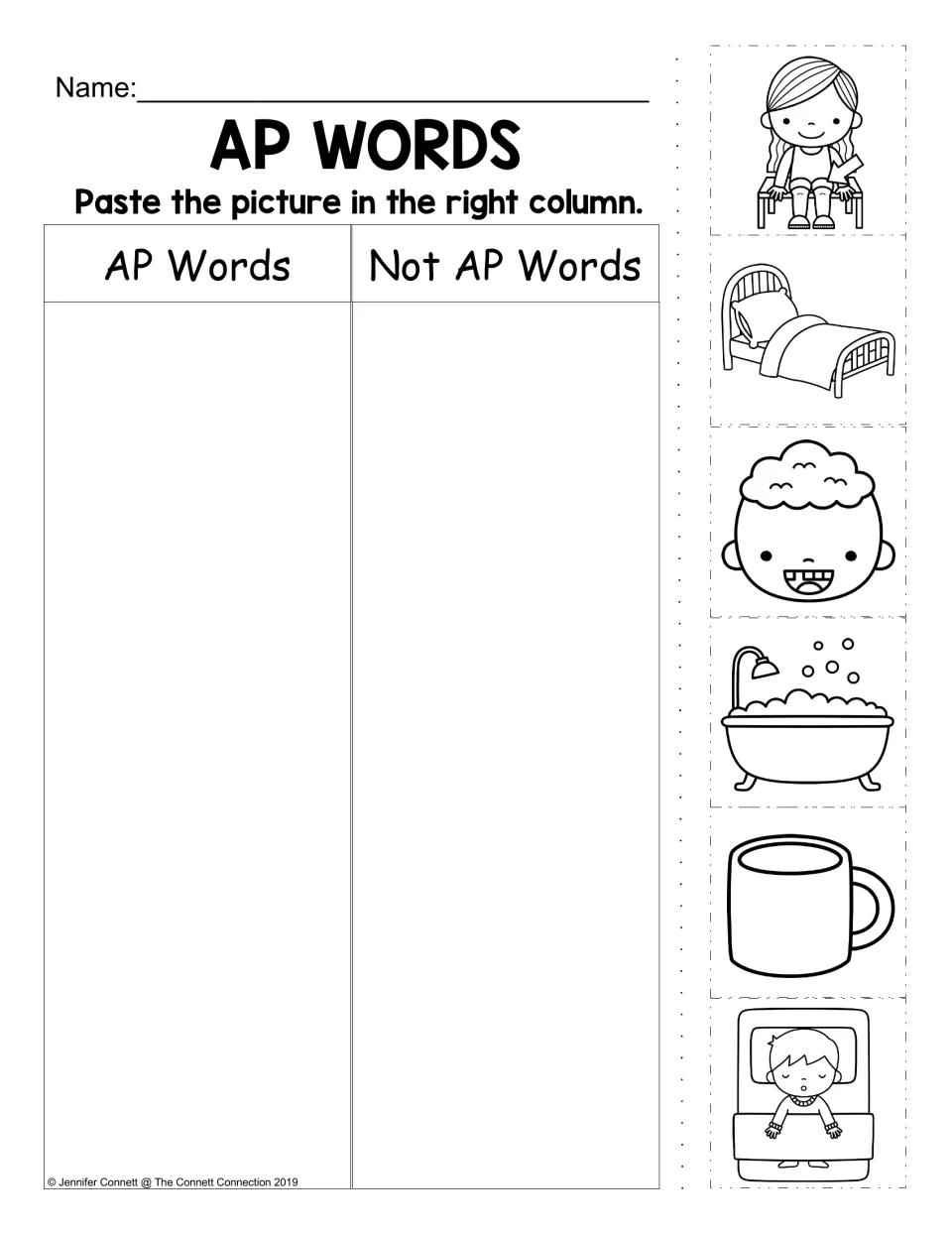 AP picture-sorting activity: sort lap, bed, gap, tub, mug, and nap pictures as AP words or not AP words
