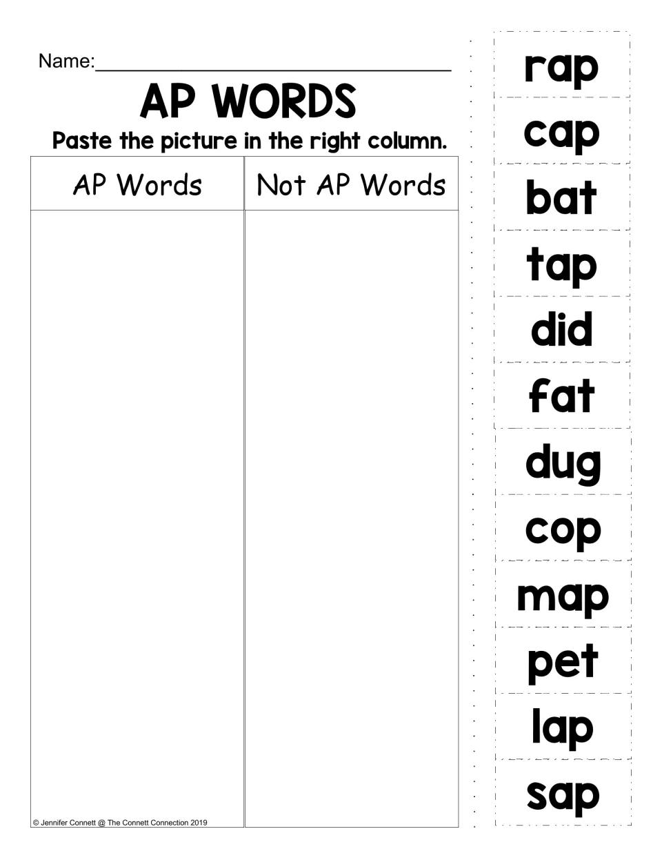 AP word-sorting activity: classify twelve cut-out words, including rap, cap, bat, and tap, as AP or non-AP