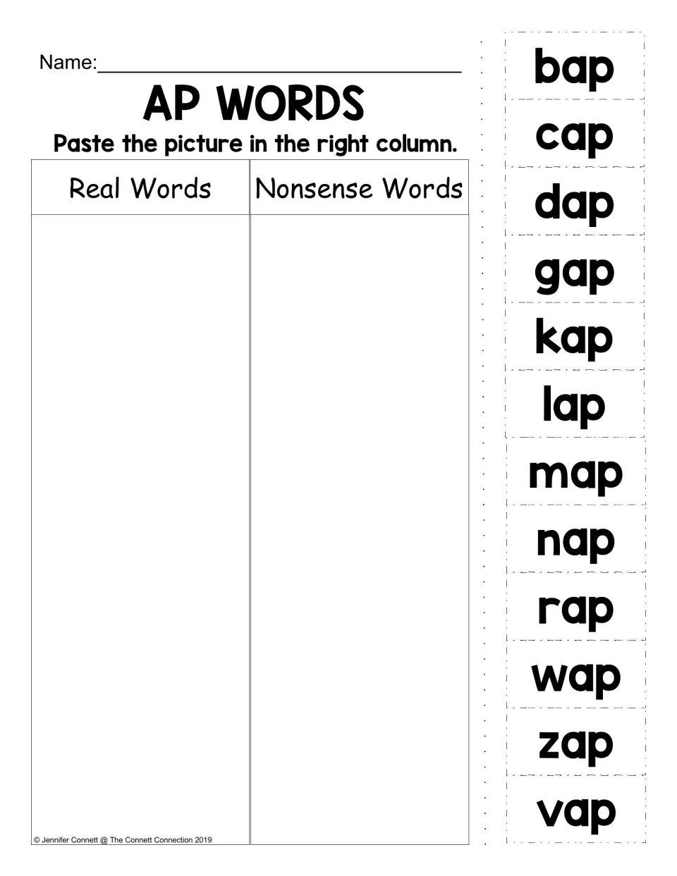 AP real-word and nonsense-word sorting activity with twelve cut-outs, including bap, cap, dap, and gap