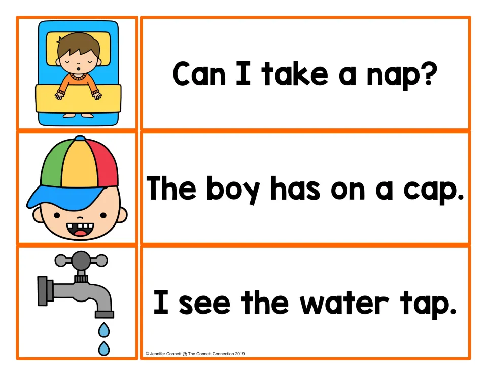-ap sentence cards: students match pictures of a napping boy, a cap and a dripping tap to sentences using nap, cap, tap