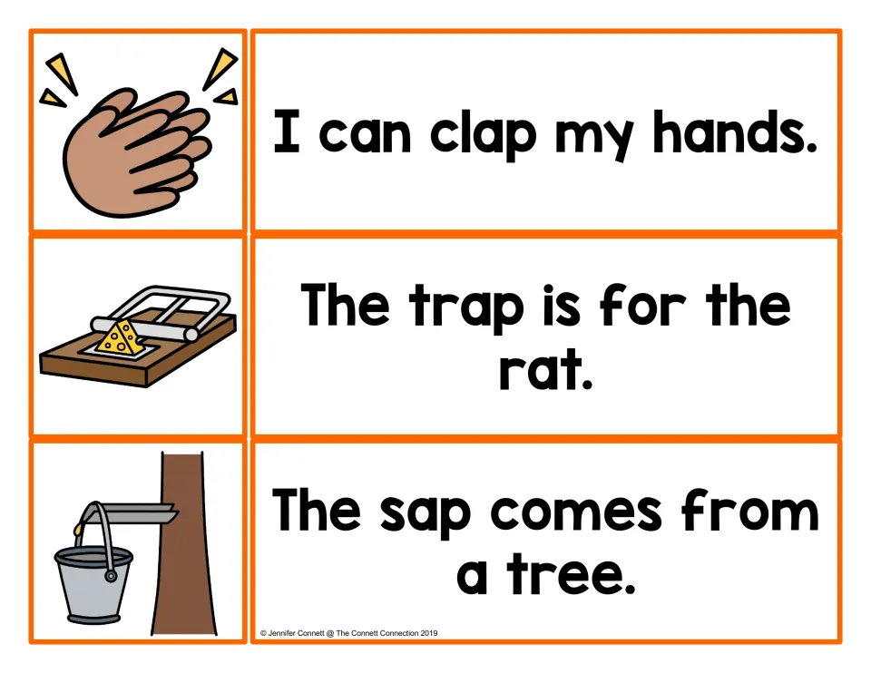 -ap word family sentences: students match clapping hands, a mousetrap and tree sap pictures to clap, trap and sap lines