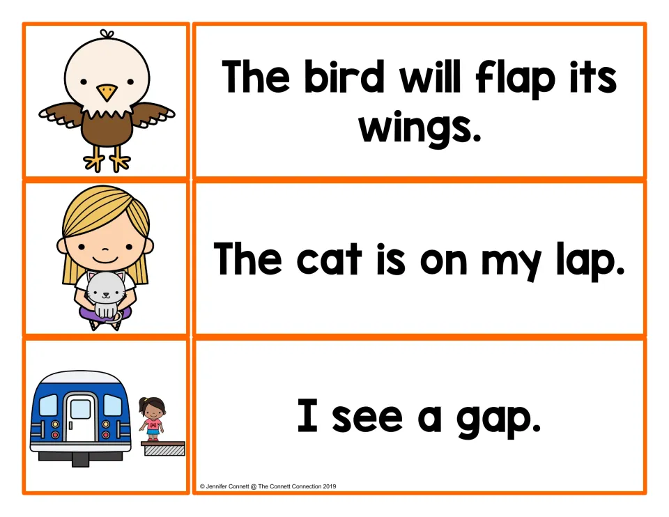 Reading -ap words in sentences: a bird, a girl holding a cat and a train platform gap match flap, lap and gap sentences