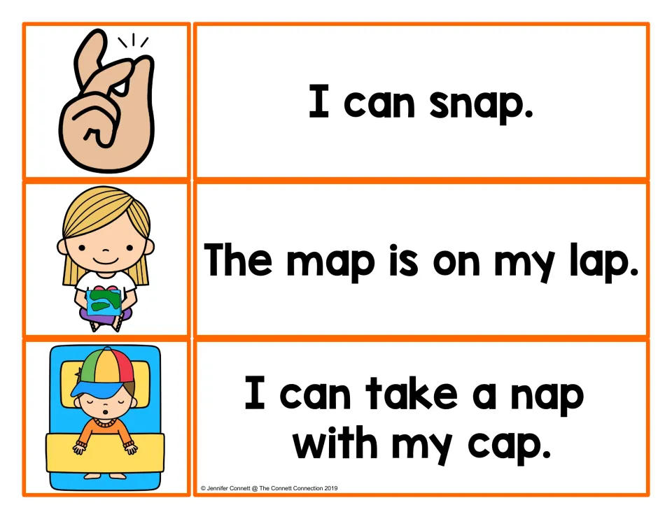-ap picture-sentence matching: snapping fingers, a map on a lap and a boy napping in a cap pair with snap, map, nap lines