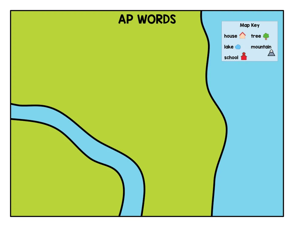 AP WORDS map sorting mat: students place word and picture cards from the -ap family here; key lists house, tree, lake