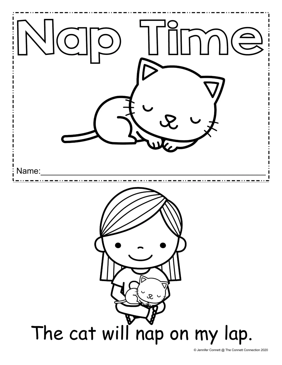 Nap Time mini-book cover with a sleeping cat to color, name line and first page: The cat will nap on my lap.