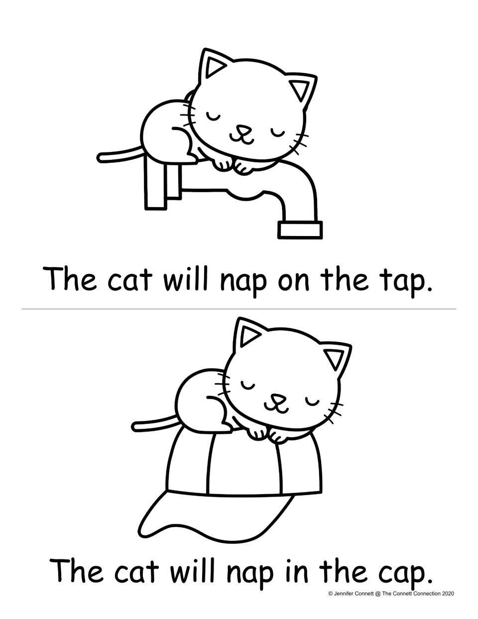 -ap word family reading: two pages where students read The cat will nap on the tap and The cat will nap in the cap