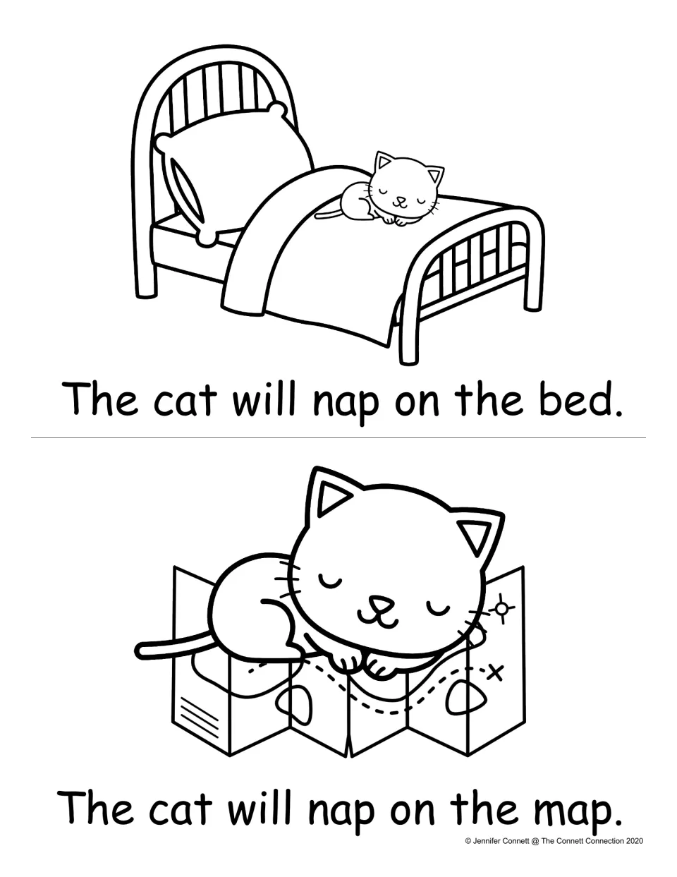 -ap word reading: students read The cat will nap on the bed and The cat will nap on the map, with pictures to color