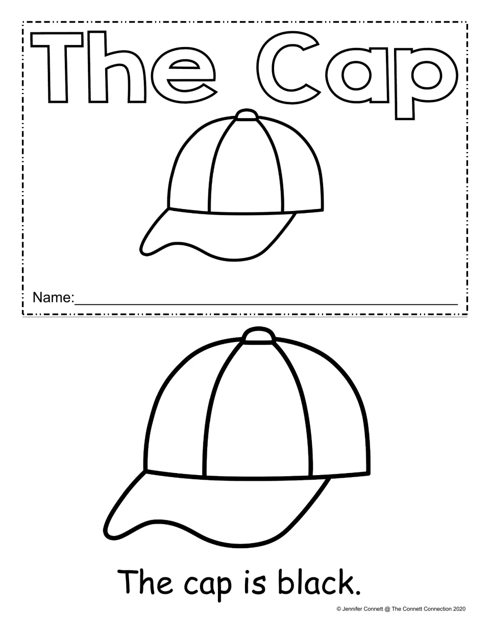 The Cap mini-book cover with a name line and cap to color, then first page: students read and color "The cap is black."