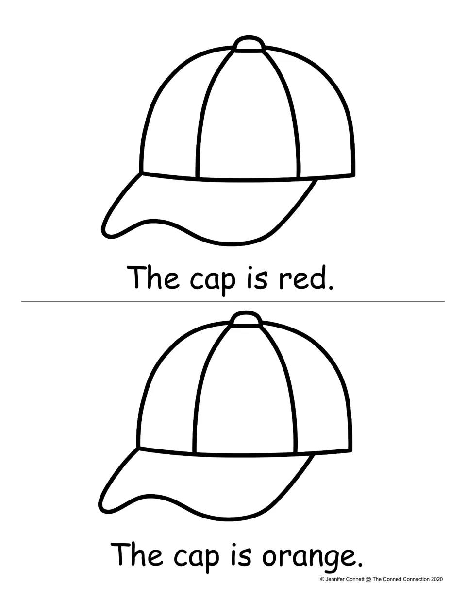 Color words red and orange: students read "The cap is red" and "The cap is orange" and color each cap outline to match