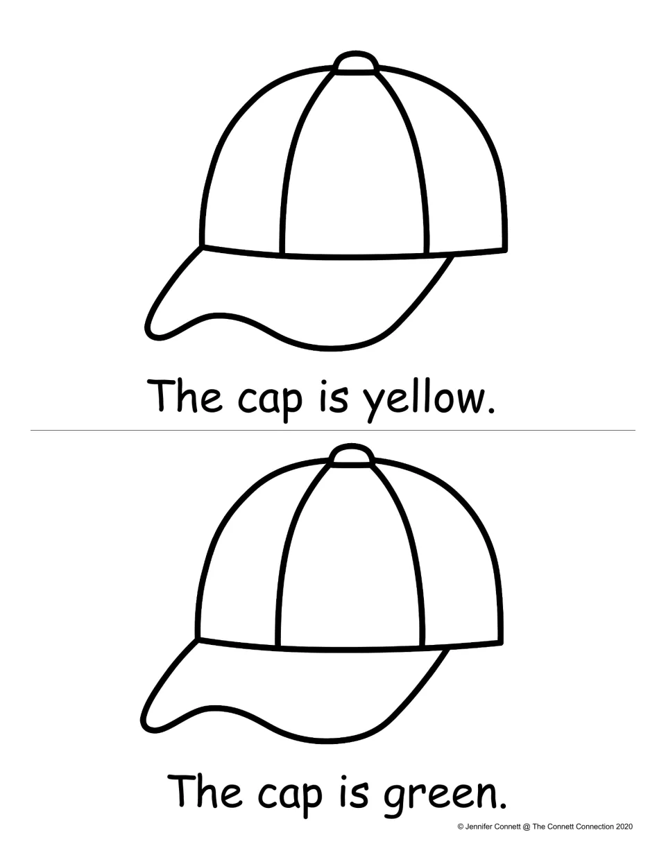 Color words yellow and green: students read the repeated sentence "The cap is ___" and color two caps yellow and green