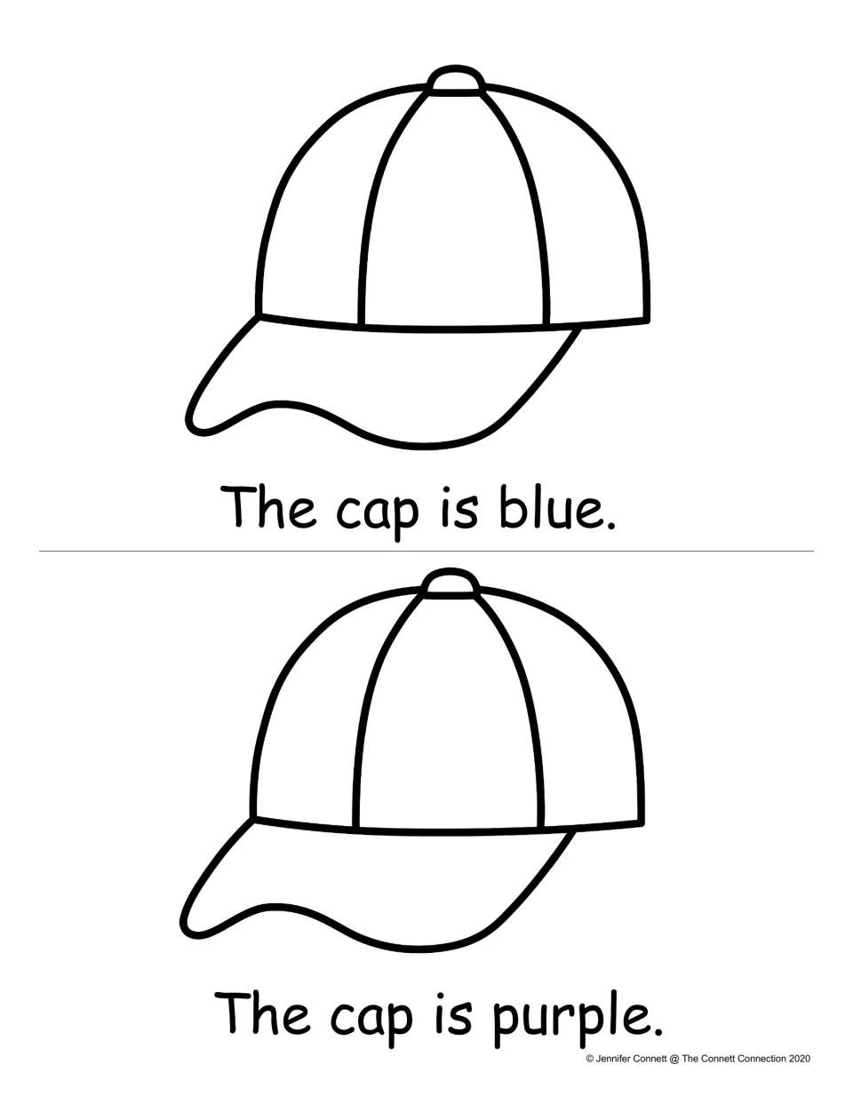 Color words blue and purple: students read "The cap is blue" and "The cap is purple" and color both caps