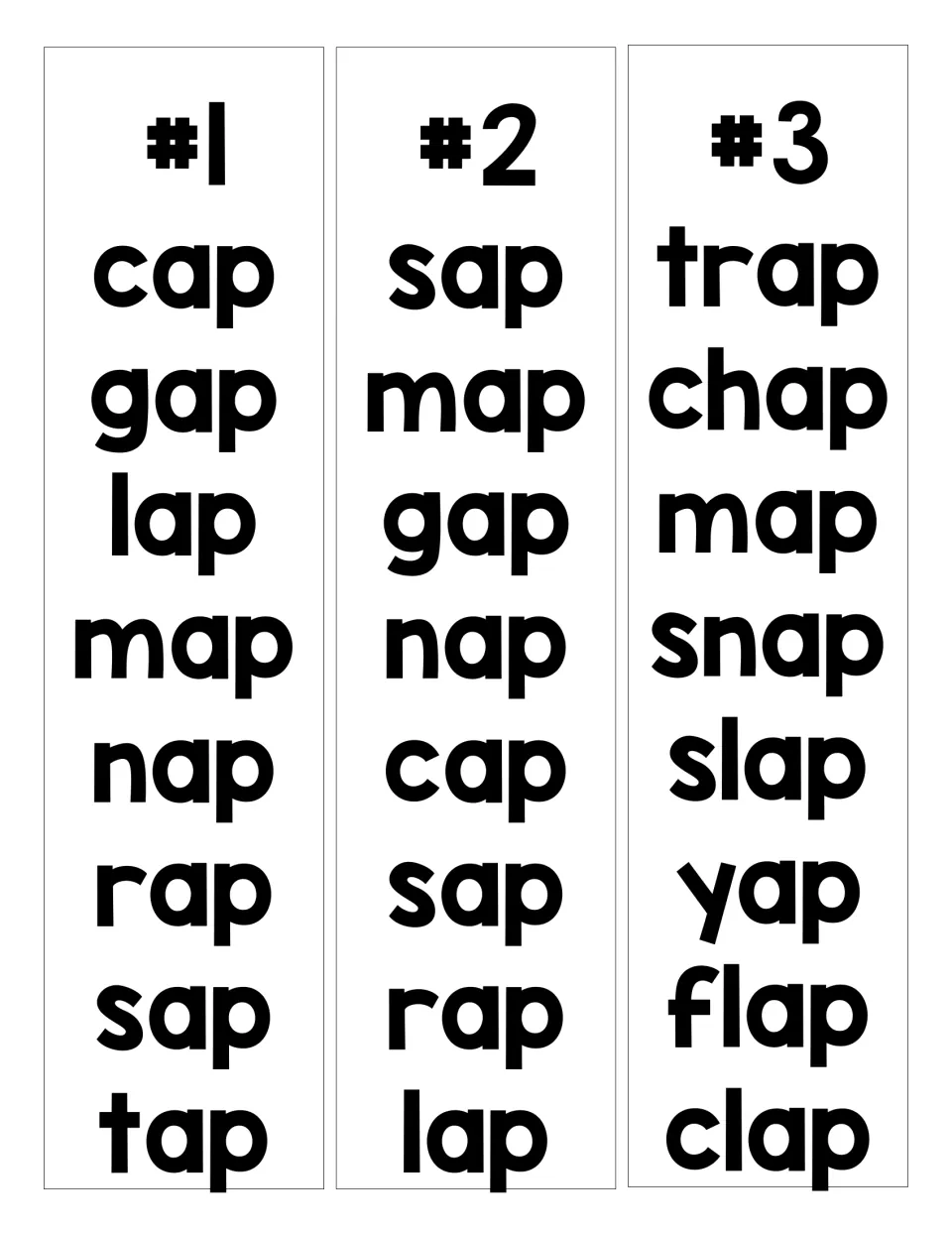 Short a -ap word family lists #1 to #3: students read words aloud such as cap, gap, lap, trap, chap, snap and clap
