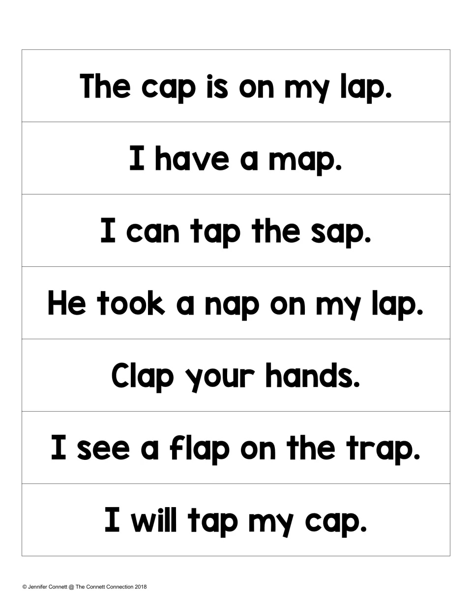 -ap word sentence strips: students read seven sentences such as The cap is on my lap and I see a flap on the trap