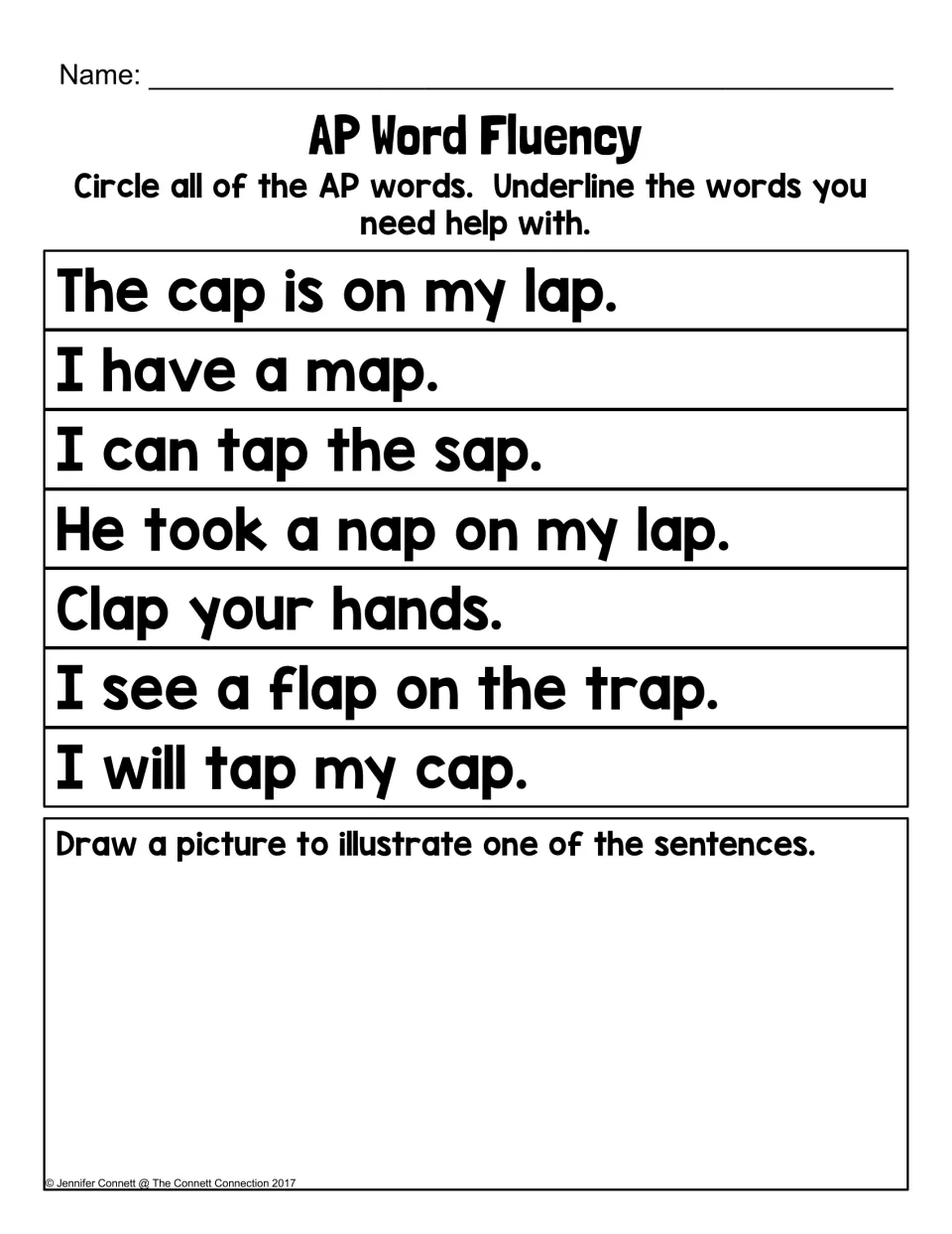 AP Word Fluency sentences: students circle every -ap word, underline words they need help with, then draw one sentence