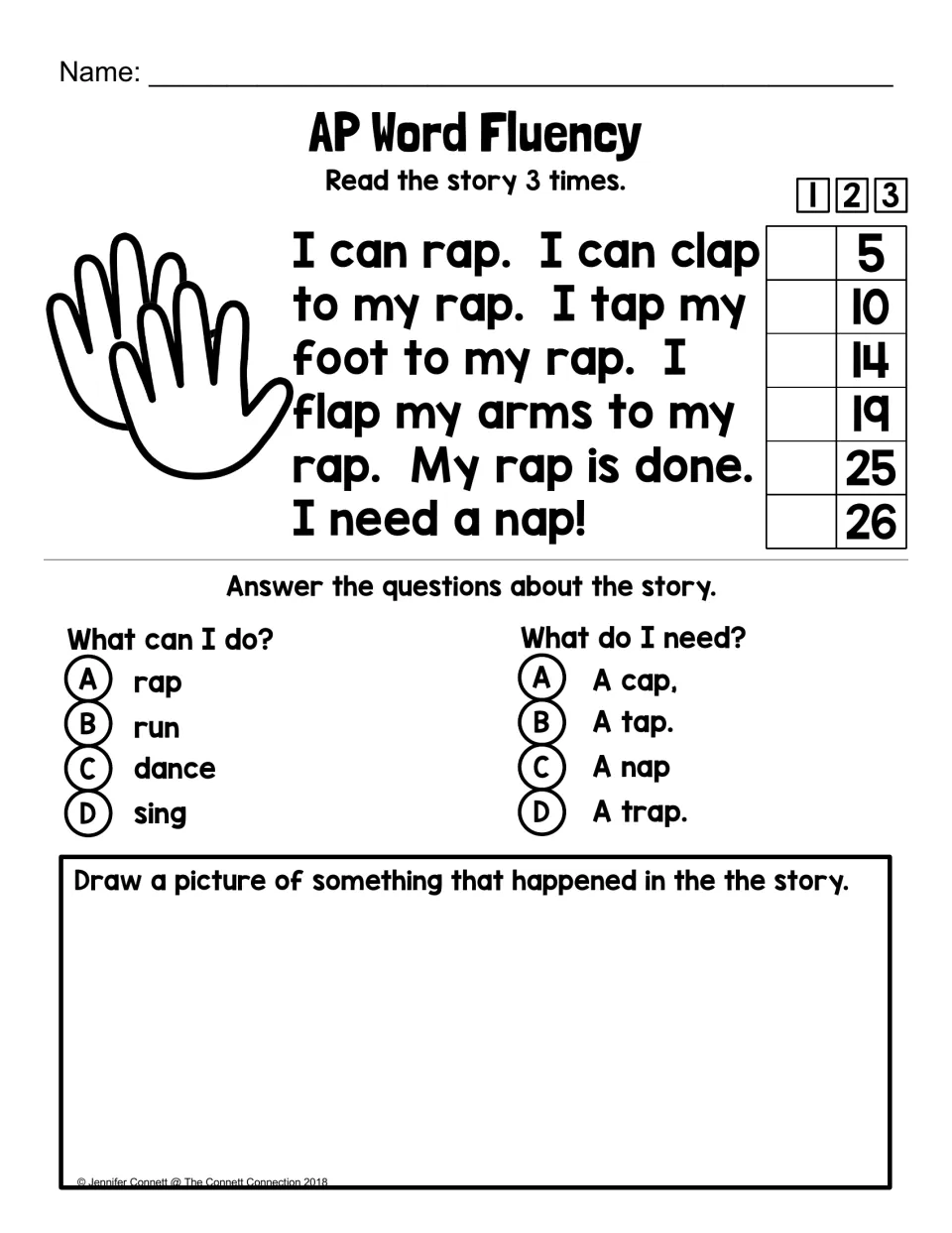 Fluency passage about a rap: students read the story 3 times, answer two multiple-choice questions and draw a story event