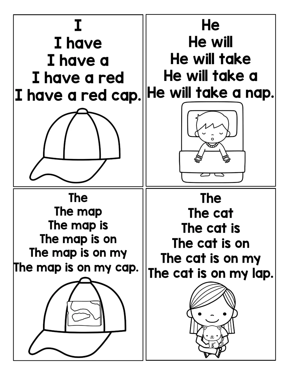 Pyramid sentence cards: students read growing lines up to I have a red cap, He will take a nap and The cat is on my lap